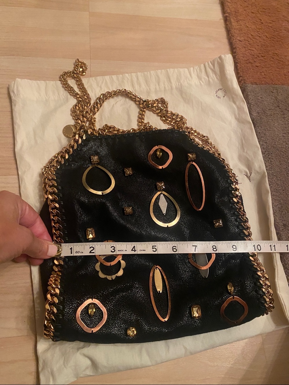 Stella McCartney Black Embellished Falabella Shoulder Bag with Gold Chain LE - Picture 10 of 11